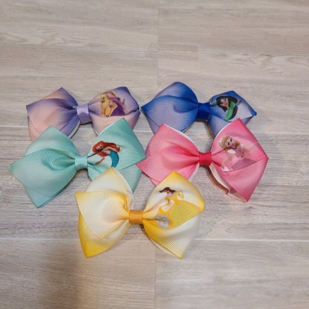 Princess Hair Bow Clips Set of 5 Girls Ribbon Alligator Barrettes Character Bow
